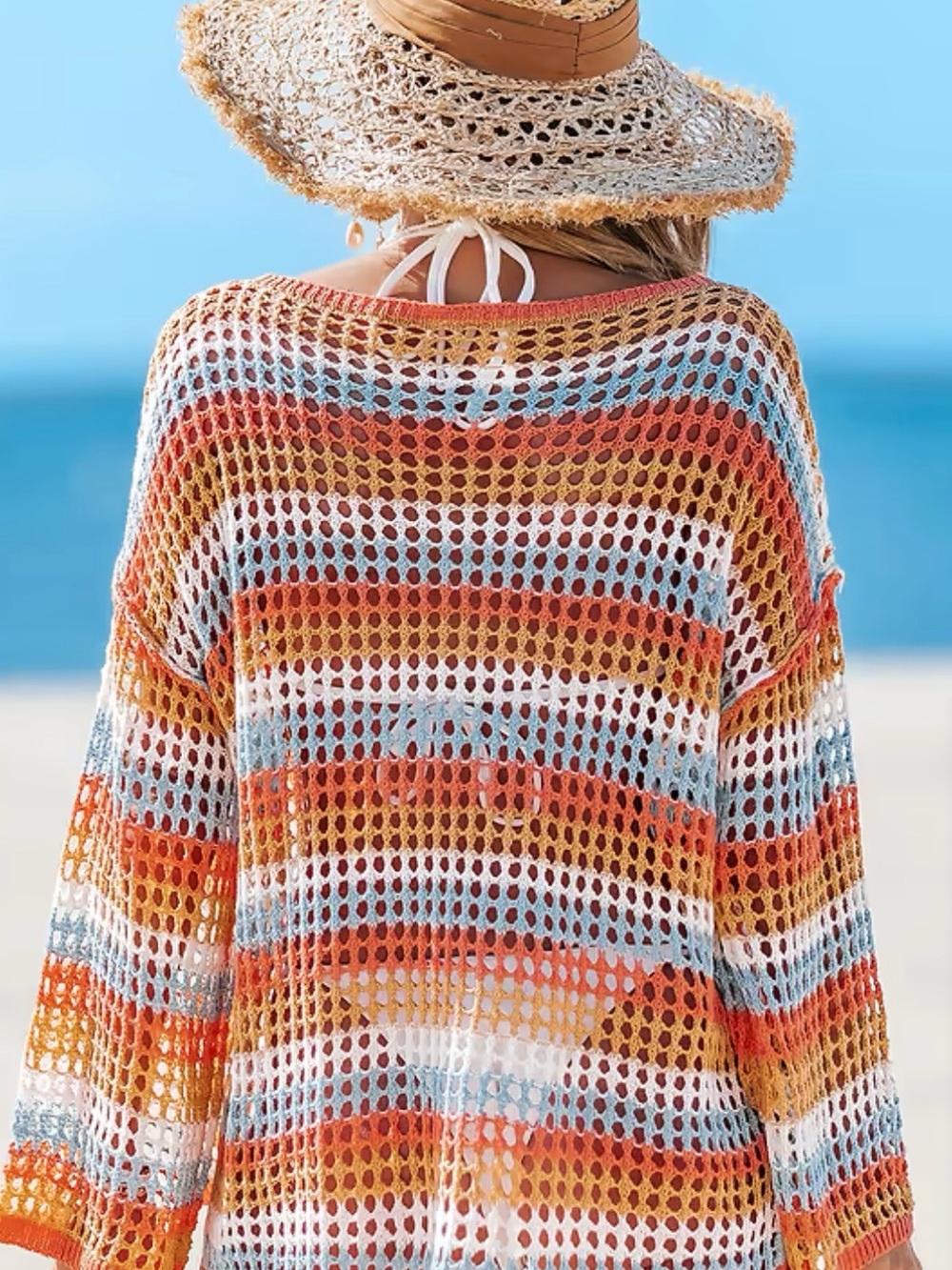 Cupshe Striped Open-Knit Beach Cover-Up in Orange, Blue & Rust - Picture 4 of 9